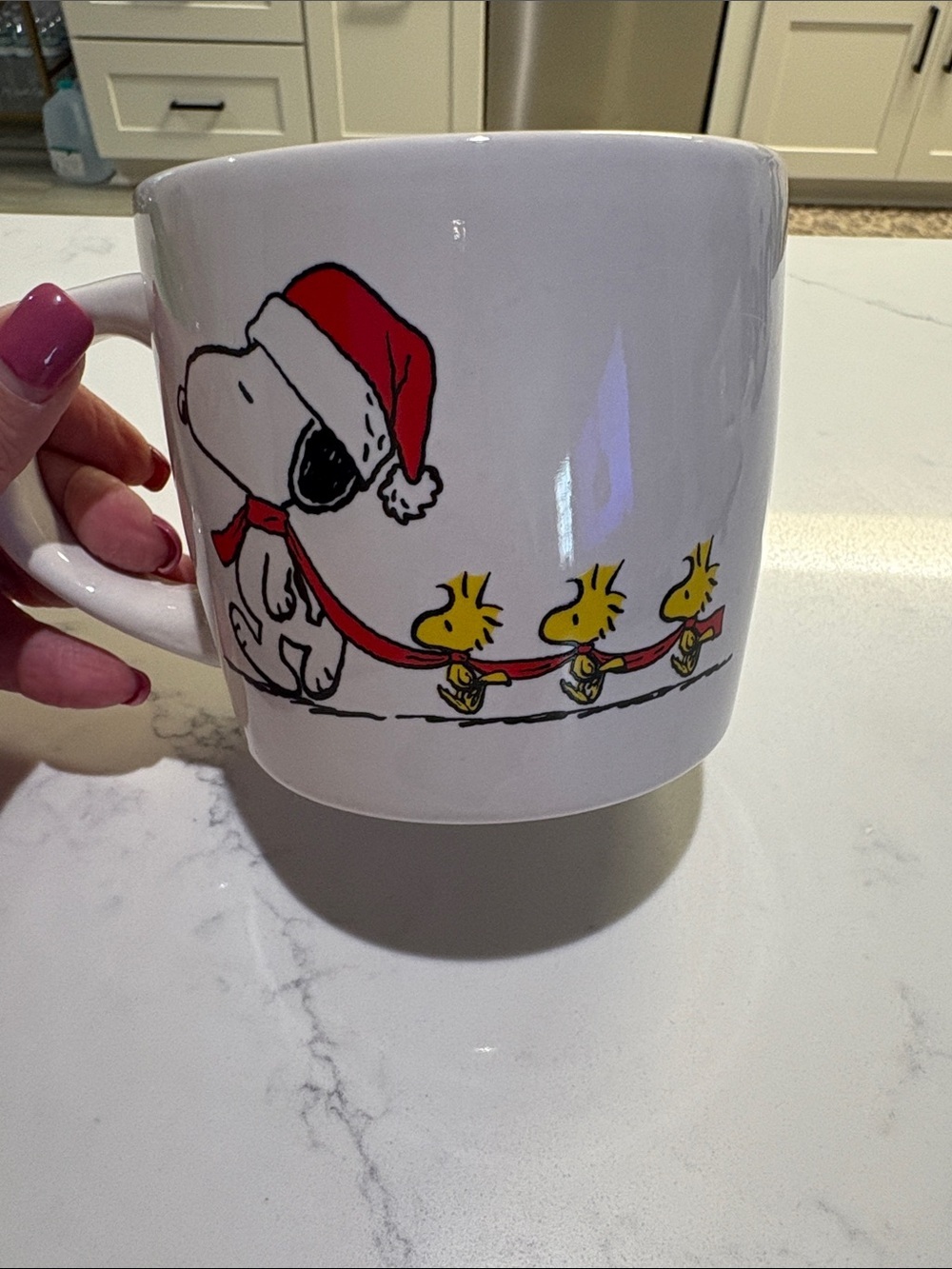 Peanuts White Mug with Snoopy in Red Santa Hat and Yellow Woodstocks - Picture 2 of 6